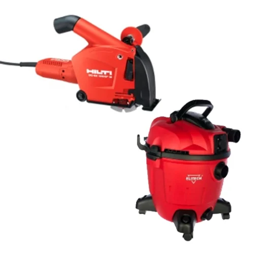 Штроборез Hilti AG 125-19SE-EX и Пылесос строительный Elitech ПС 1235А — фотография оборудования на белом фоне
