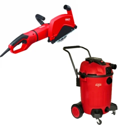 Штроборез Hilti AG 230-27DB+DC-EX 230/9" и Пылесос строительный Elitech ПС 1260А — фотография оборудования на белом фоне
