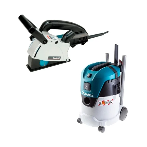 Штроборез Makita SG 1250 и Пылесос строительный Makita VC2512L — фотография оборудования на белом фоне