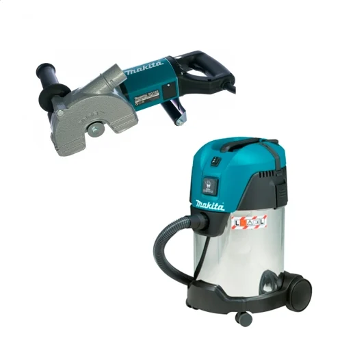 Штроборез Makita SG 150 и Пылесос строительный Makita VC3011L — фотография оборудования на белом фоне
