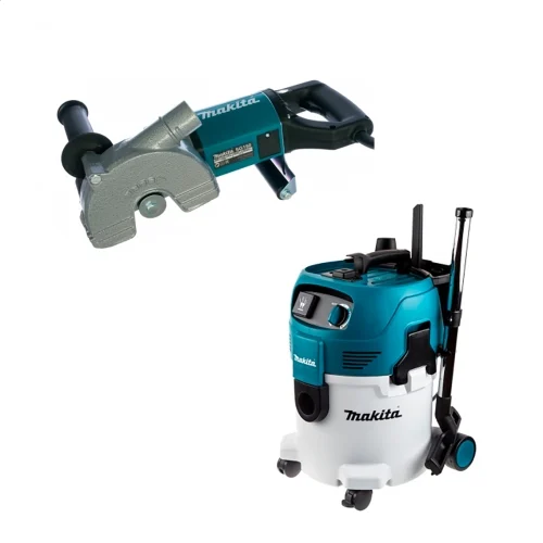 Штроборез Makita SG 150 и Пылесос строительный Makita VC3012L — фотография оборудования на белом фоне